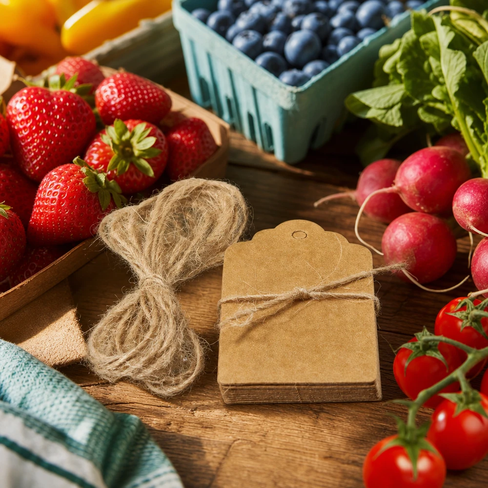 Pendentif en papier kraft 30x50mm avec cordelette de jute entre des fruits et légumes frais sur une caisse en bois de marché fermier