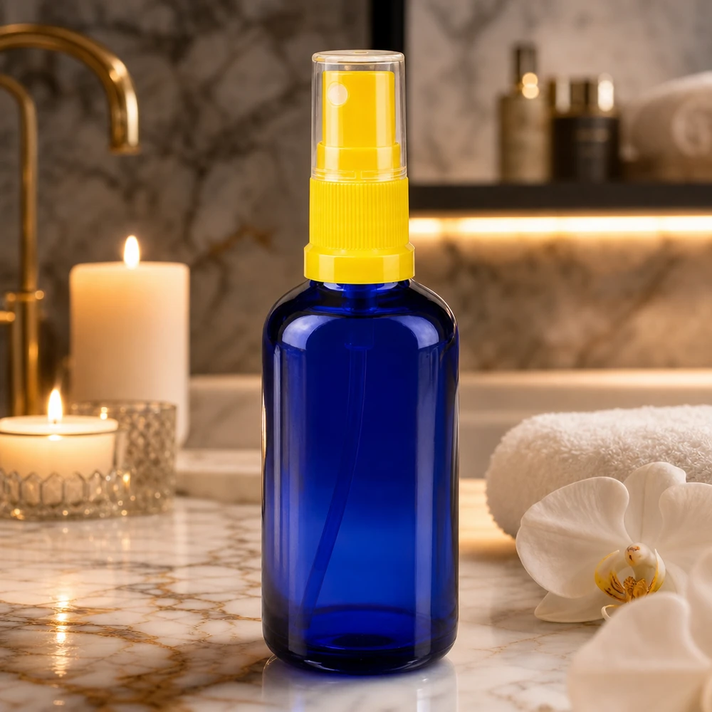 Flacon de pharmacie bleu 50ml embout spray jaune Flacon vaporisateur bleu de 50 ml en verre de pharmacie, avec une tête de vaporisation transparente, sur fond marbré