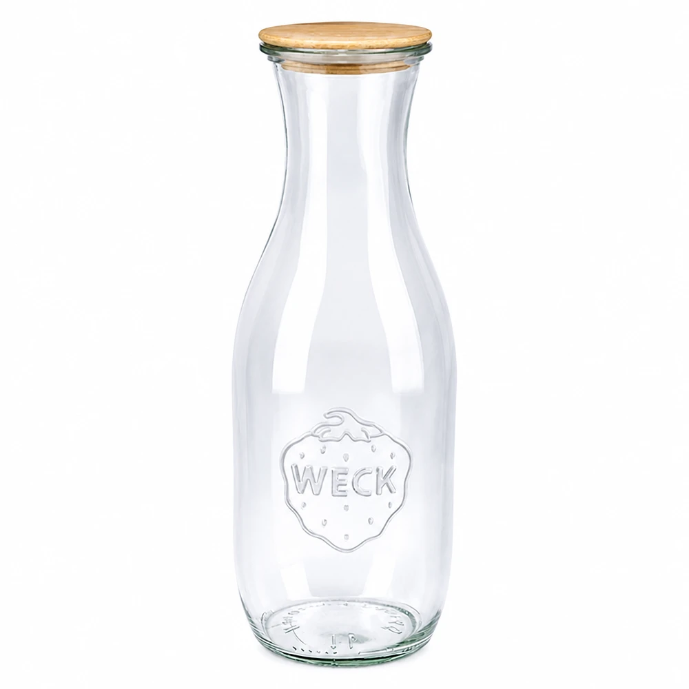 1062ml Bouteille à jus de fruits WECK RR60 avec couvercle en bois WECK Bouteille de jus 1062ml en verre avec couvercle en bois RR60 transparent vide debout sur fond blanc