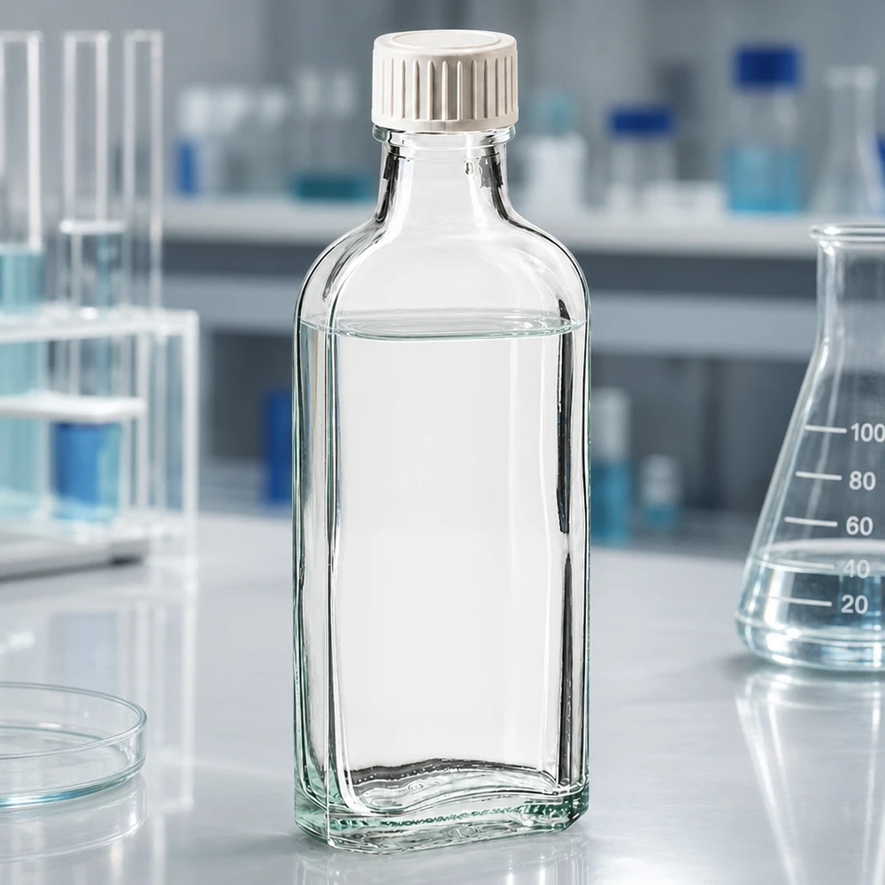 Petit flacon de laboratoire de 100 ml avec un insert en mousse de polyéthylène dans le bouchon à vis, posé sur une paillasse blanche