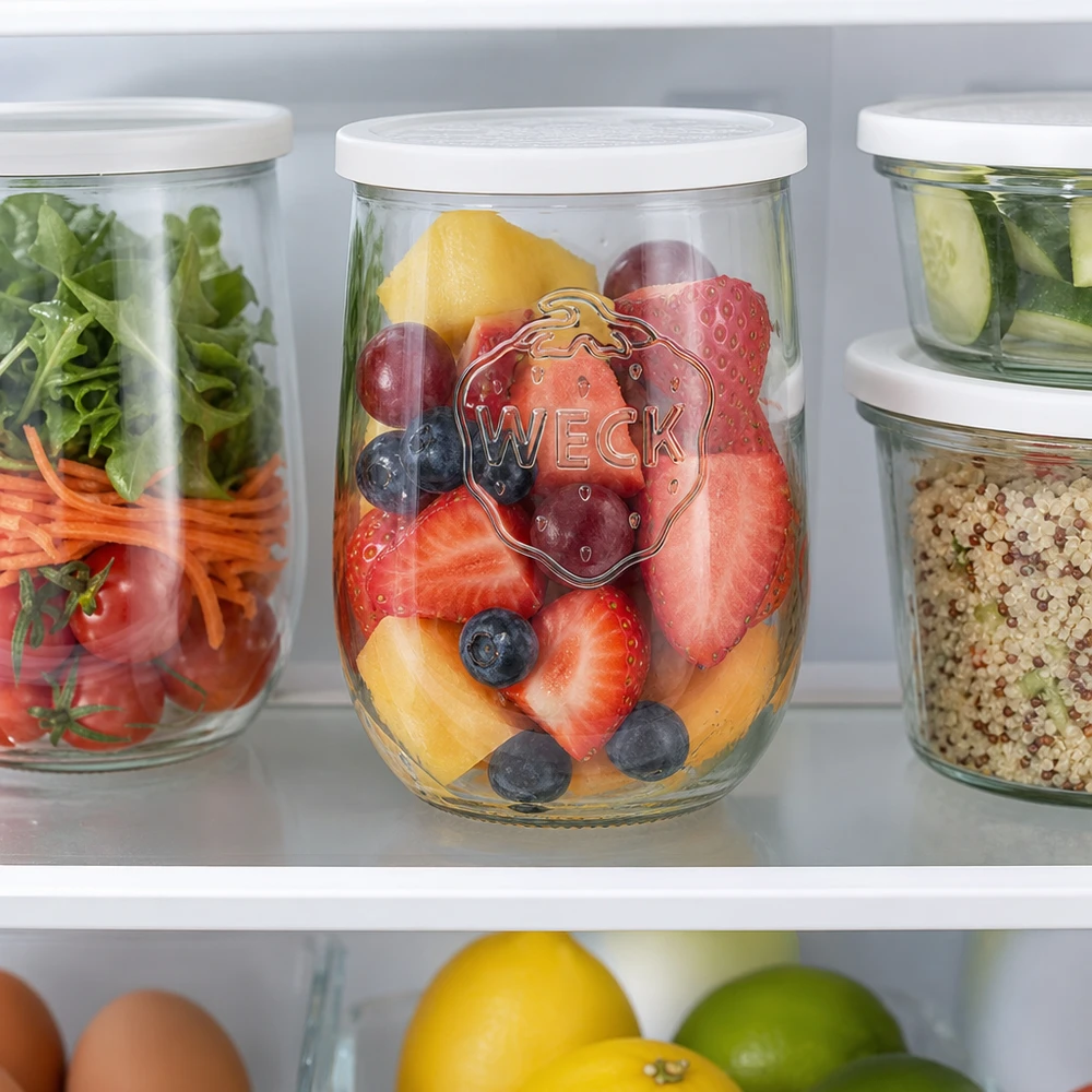 1062ml bocal tulipe avec couvercle fraîcheur WECK RR100 WECK Pot tulipe 1062ml RR100 dans le réfrigérateur avec baies fraîches et morceaux de fruits pour la conservation Meal Prep