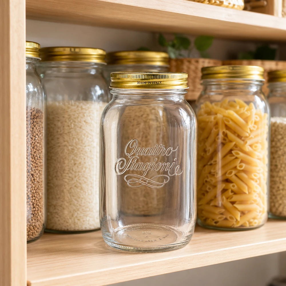 1500ml verre rond « Quattro Stagioni » avec couvercle Quattro Stagioni 1500ml bocal rond vide en étagère de stockage rempli de pâtes riz lentilles système de cuisine