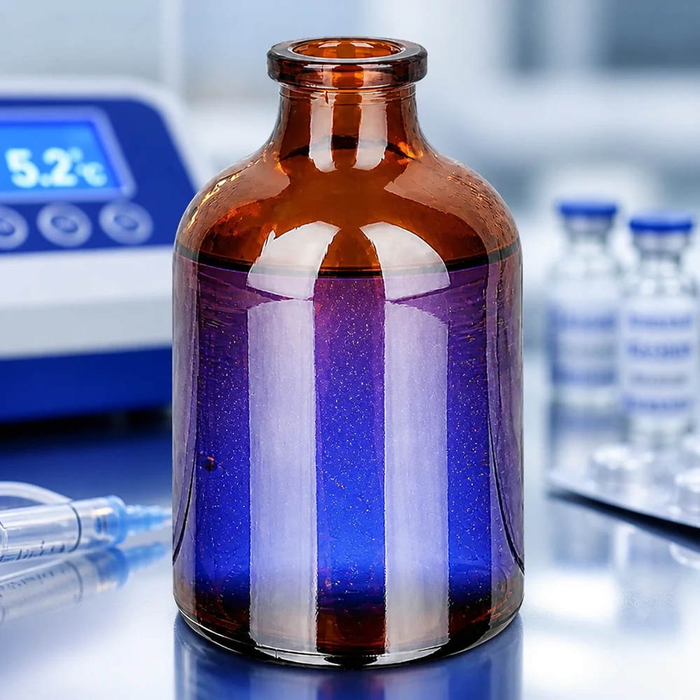 Flacon pour solution injectable, 50 ml en verre ambré Injektionsflasche Braunglas 50ml mit violett schimmerndem Inhalt und Temperaturgerät im Hintergrund