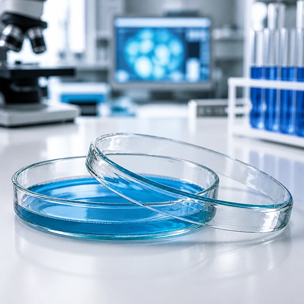 Boîte de Pétri de laboratoire transparente en verre, 80 x 15 mm, contenant un liquide bleu, posée sur un plan de travail blanc