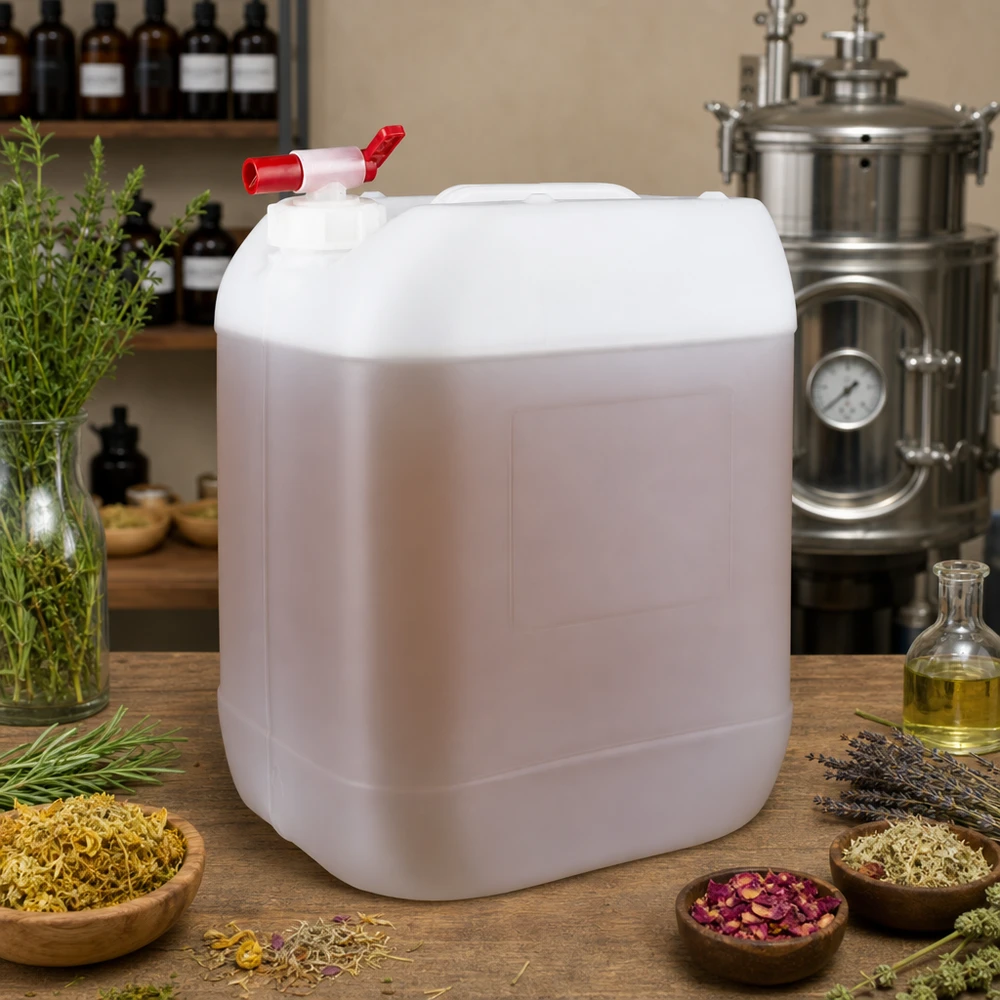 Bidon de 20 litres adapté au contact alimentaire, muni d'un robinet de vidange rouge, entre les herbes et l'alambic