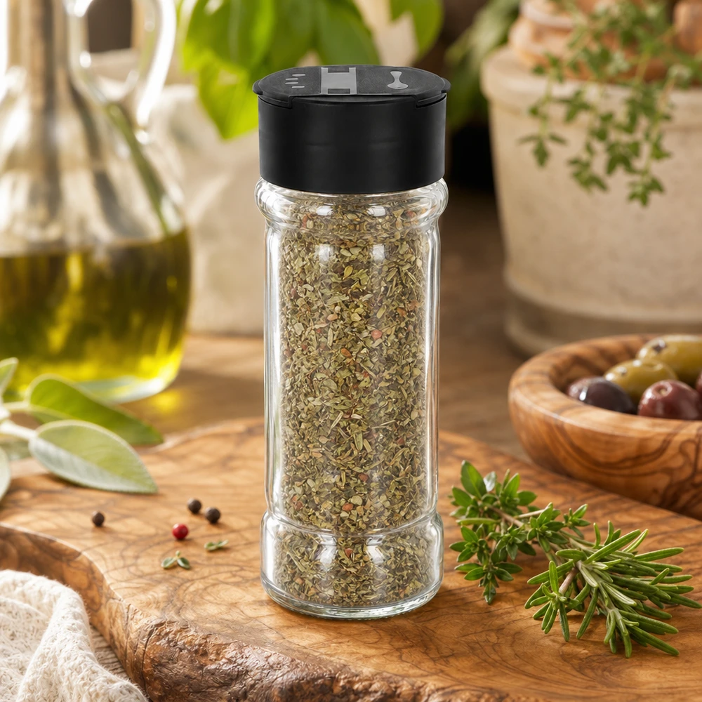 Pot à herbes de 100 ml rempli d'herbes italiennes, avec un saupoudreur double noir, présenté sur une planchette en bois