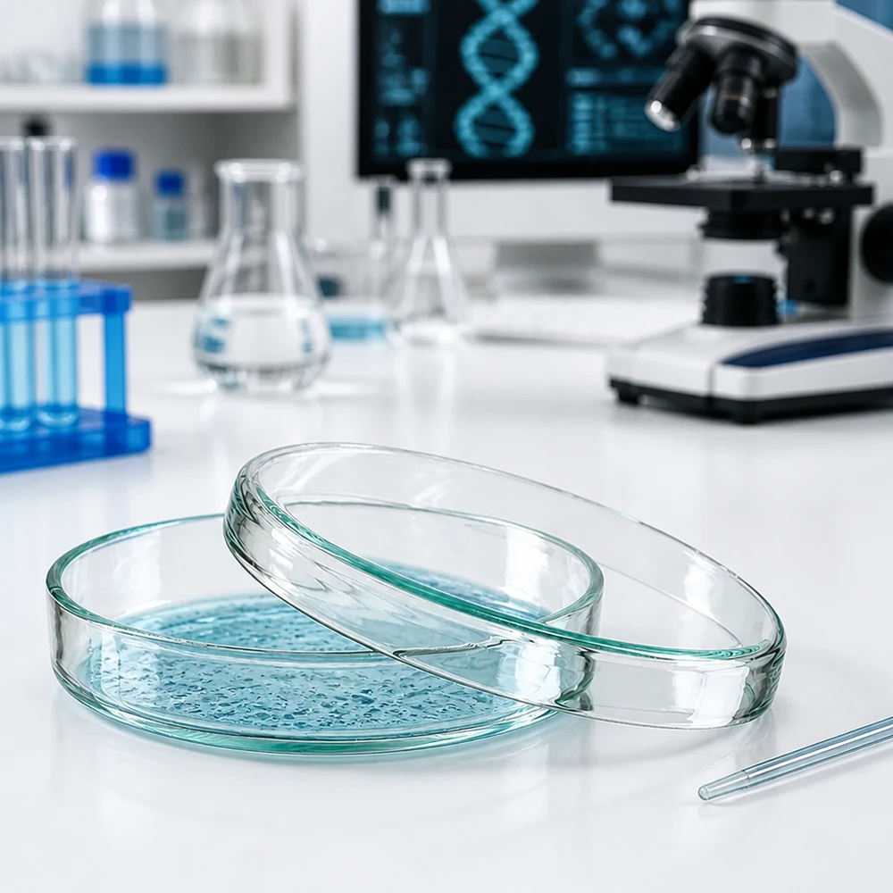 Boîte de Petri en verre sans compartiments, 80x15mm Boîte de Pétri en verre borosilicaté de 80 x 15 mm contenant une solution nutritive bleue dans un laboratoire de microbiologie